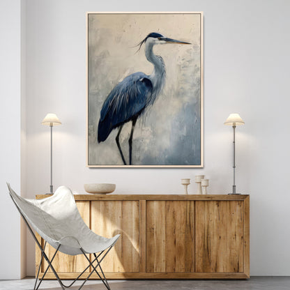 51380726-MGV-CV-24X36-Blue Heron Decor Wall Art Canvas Print, Framed Coastal Bird Design Art Picture Print, Minimal Heron Portrait Perfect Coastal