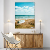 21725303-MGV-CV-24X36-Coastal Serenity Wall Art Canvas Print, Framed Ocean View Art Picture Print, Rustic Boat Perfect Nautical Coastal Decor Artwork