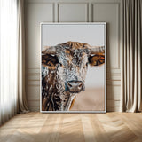 50803532-MGV-FC-24X36-Texas Longhorn Wall Art Canvas Print, Framed Speckled Cow Art Picture Print, Horned Bull Perfect Rustic Western Decor Artwork
