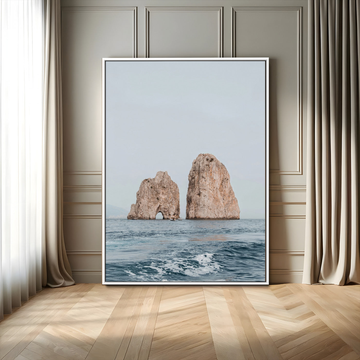23148844-MGV-FC-24X36_White-Faraglioni Capri Wall Art Canvas Print, Framed Serene Ocean Art Picture Print, Mediterranean Coastal Perfect Mediterranean