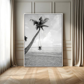 78460277-MGV-CV-24X36-Black White Palms Wall Art Canvas Print, Framed Beach Swing Art Picture Print, Monochrome Coastal Perfect Minimalist Coastal Decor
