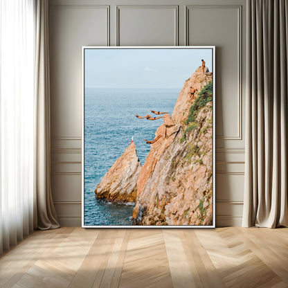 74527880-MGV-FC-24X36_White-Cliff Divers Wall Art Canvas Print, Framed Ocean Adventure Art Picture Print, Coastal Movement Perfect Adventurous Coastal Decor