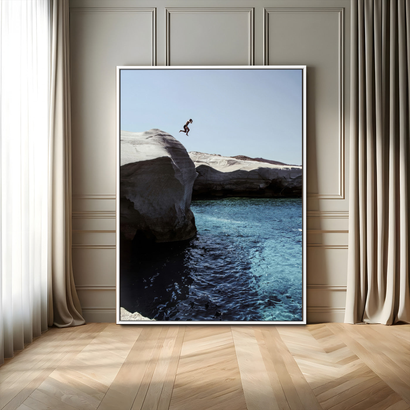 96853328-MGV-CV-24X36-Cliff Diving Wall Art Canvas Print, Framed Turquoise Sea Art Picture Print, Ocean Adventure Perfect Coastal Minimalist Decor