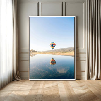98091684-MGV-FC-24X36_White-Hot Air Balloon Wall Art Canvas Print, Framed Flight Reflection Art Picture Print, Peaceful Lakeside Perfect Modern Minimalist