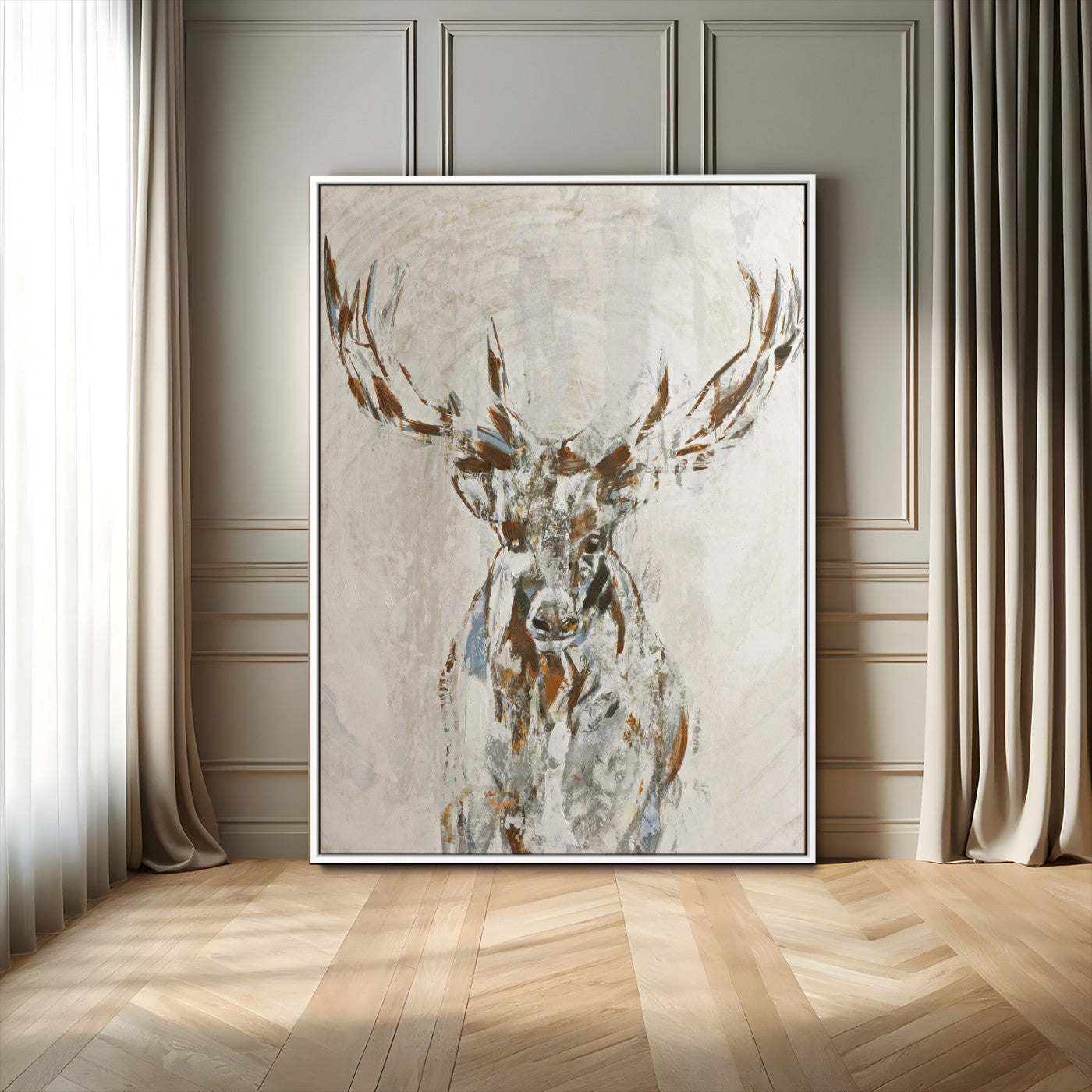 79642067-MGV-FC-24X36_White-Abstract Deer Wall Art Canvas Print, Framed Lodge Style Decor Art Picture Print, Rustic Animal Wall Perfect Lodge Cabin Style