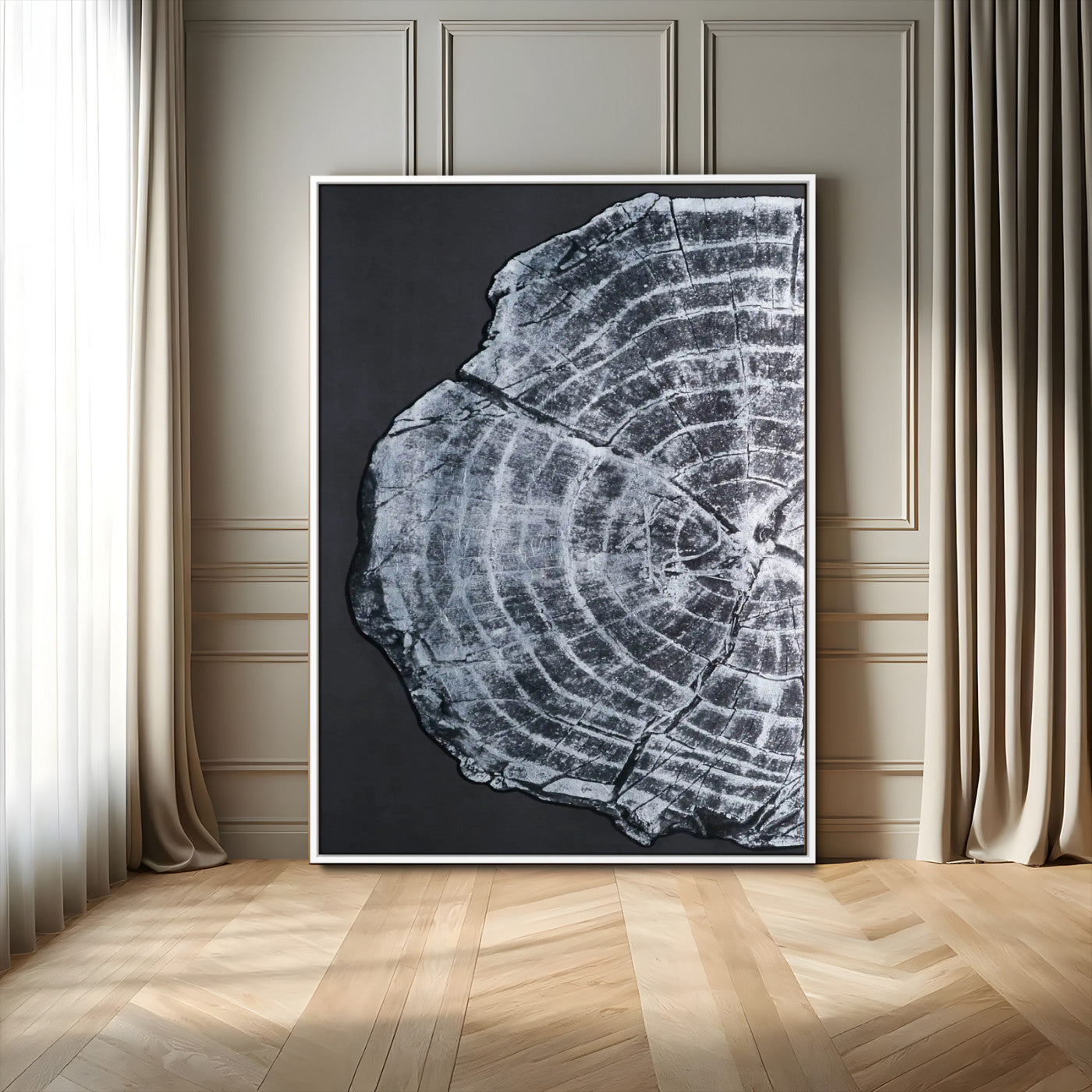 10432121-MGV-FC-24X36_White-Tree Ring Canvas Wall Art Canvas Print, Framed Rustic Wood Wall Art Picture Print, Botanical Tree Slice Perfect Modern Lodge Decor