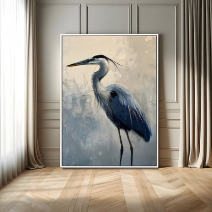 68368019-MGV-FC-24X36_White-Blue Heron Art Wall Art Canvas Print, Framed Crane Bird Painting Art Picture Print, Elegant Wildlife Scene Perfect Coastal