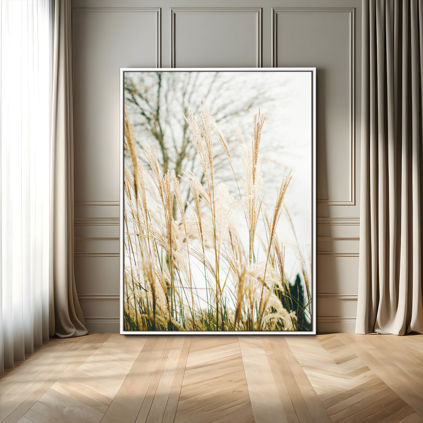 17571705-MGV-CV-24X36-Pampas Grass Wall Art Canvas Print, Framed Neutral Tones Art Picture Print, Minimalist Nature Perfect Boho Minimalist Decor