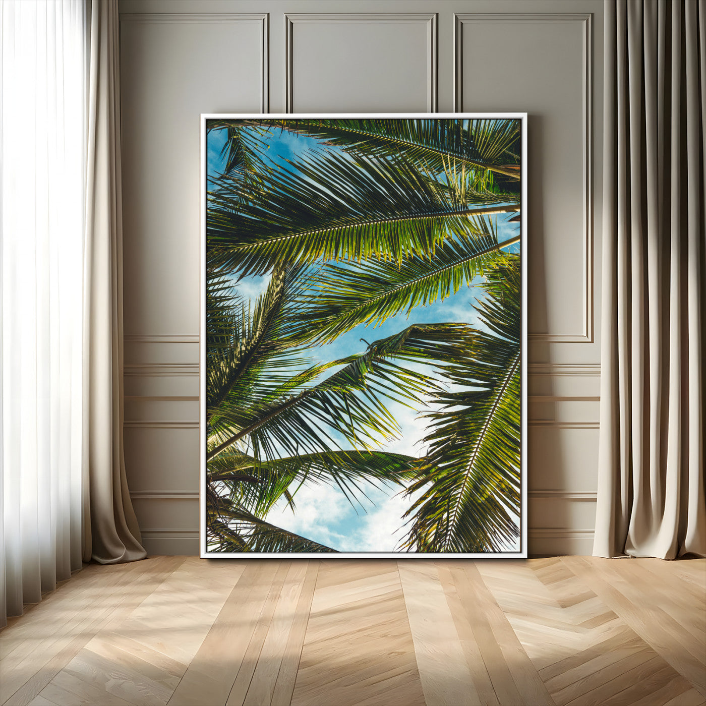 31086560-MGV-CV-24X36-Palm Leaves Wall Art Canvas Print, Framed Tropical Vibes Art Picture Print, Green Foliage Perfect Tropical Boho Decor Artwork