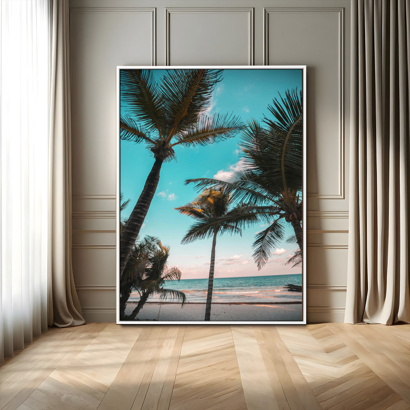 49451039-MGV-FC-24X36_White-Palm Trees Wall Art Canvas Print, Framed Tropical Beach Art Picture Print, Ocean Breeze Perfect Tropical Coastal Decor Artwork