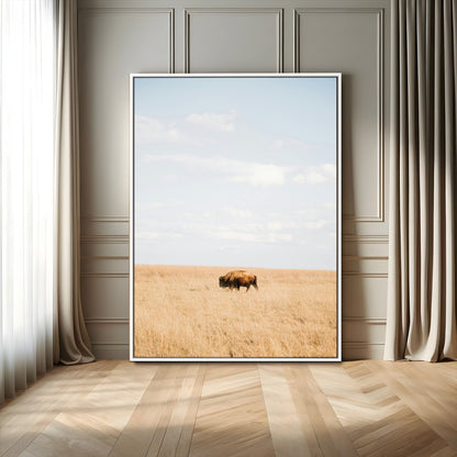 96766166-MGV-FC-24X36_White-Minimalist Nature Wall Art Canvas Print, Framed Bison In Grassland Art Picture Print, Open Field Perfect Modern Ranch Decor Decor