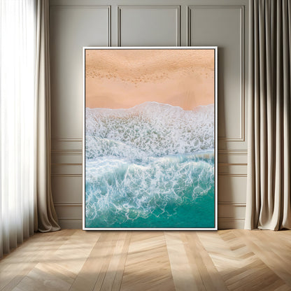 91434062-MGV-FC-24X36_White-Beach Aerial Wall Art Canvas Print, Framed Soft Waves Art Picture Print, Ocean Tranquility Perfect Coastal Minimalist Decor