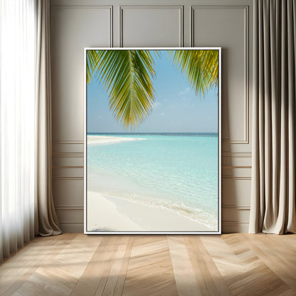 90359351-MGV-FC-24X36_White-Azure Water Wall Art Canvas Print, Framed Tranquil Island Escape Art Picture Print, Clear Blue Ocean Perfect Coastal Minimalist