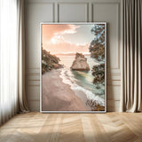 34220311-MGV-FC-24X36_White-Coastal Rock Wall Art – Sunset Beach Canvas Print with Ocean Waves and Golden Light, Scenic Seaside Photography for Bedroom,