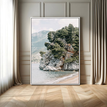 82638964-MGV-FC-24X36_White-Coastal Wall Art – Rocky Cliff and Pine Trees Canvas Print, Scenic Mountain and Shoreline Photography Decor for Bedroom, Living