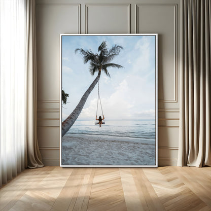 62893825-MGV-FC-24X36_White-Tropical Palm Tree Swing Wall Art – Ocean Beach Photography Print, Coastal Decor, Wanderlust Travel Photo for Boho Homes & Beach