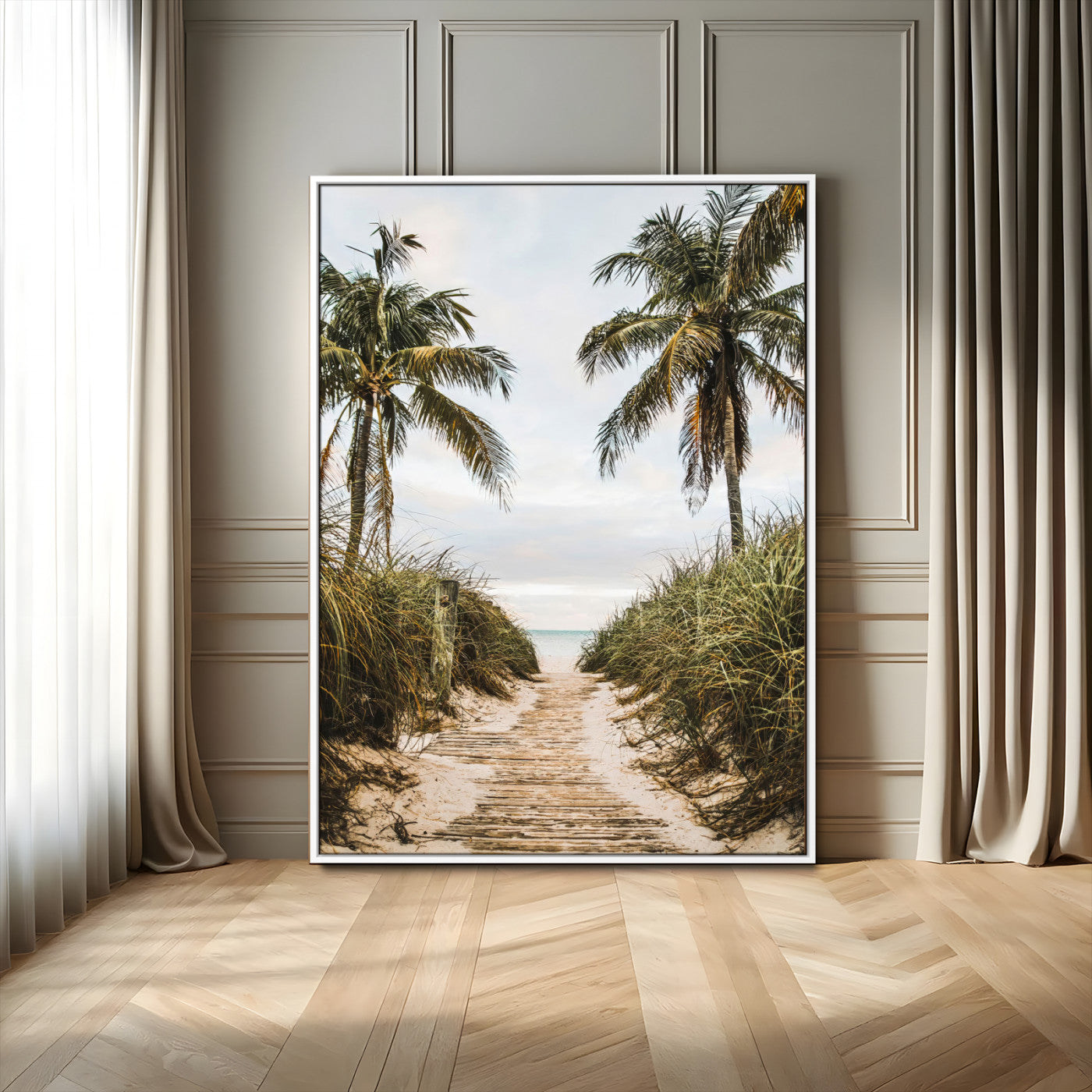 53859552-MGV-FC-24X36_White-Tropical Beach Wall Art – Palm Tree Pathway Canvas Print, Coastal Paradise Photography Decor for Living Room, Bedroom, Office,