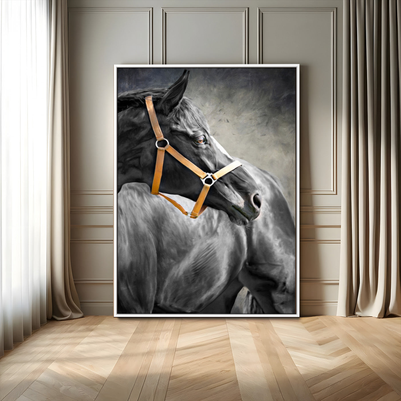 40324916-MGV-FC-24X36_White-Horse Wall Art – Equestrian Canvas Print, Elegant Black Stallion Portrait with Golden Halter, Rustic Western Photography Decor for