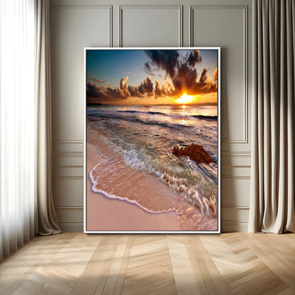14930-MGV-FC-24X36_White-Beach Sunset Wall Art Canvas Print, Framed Ocean Horizon Art Picture Print, Tropical Shore Perfect Minimalist Coastal Decor