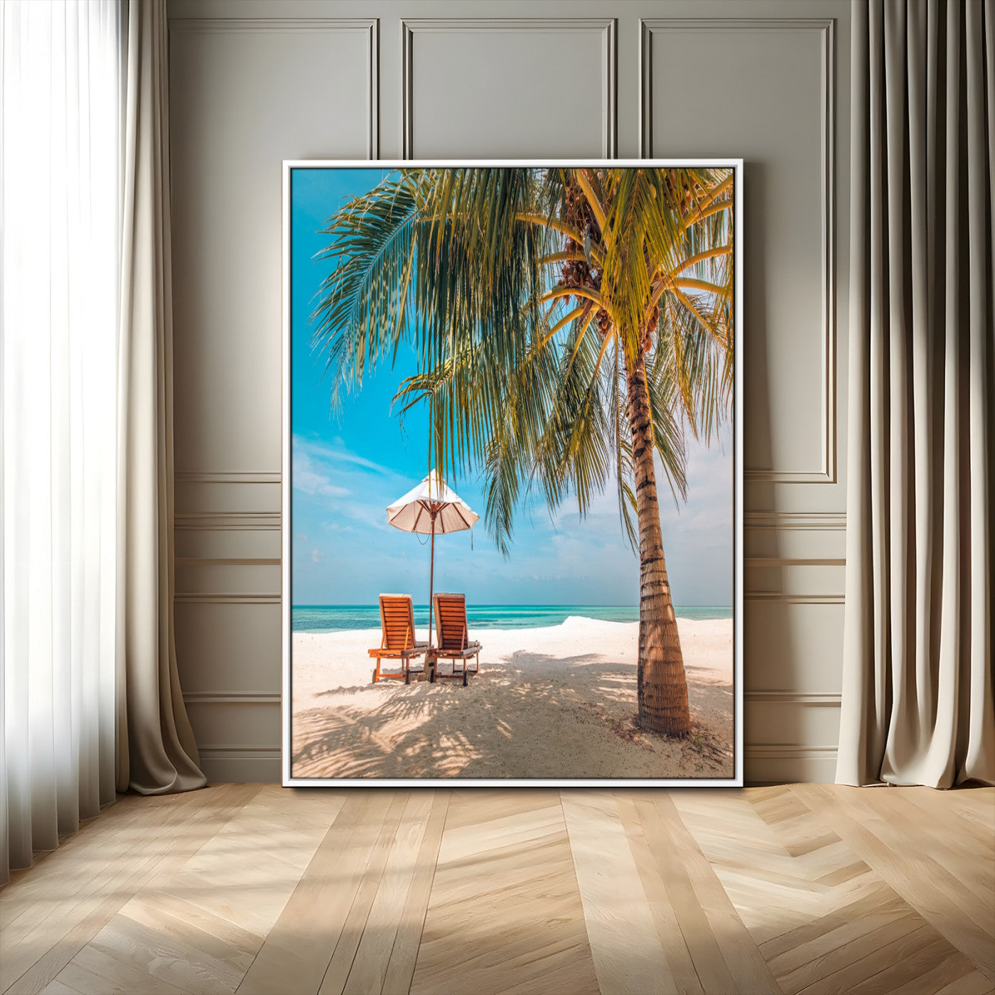 51024-MGV-FC-24X36_White-Tropical Beach Wall Art Canvas Print, Framed Palm Tree Art Picture Print, Sandy Shoreline Perfect Minimalist Coastal Decor Artwork