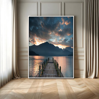 16043-MGV-FC-24X36_White-Mountain Lake Wall Art Canvas Print, Framed Sunset Reflection Art Picture Print, Calm Horizon Perfect Moody Nature Decor Artwork