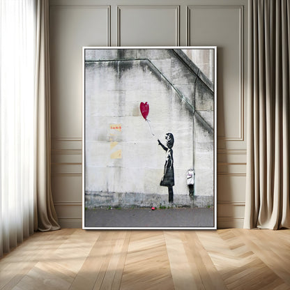 35033-MGV-FC-24X36_White-Balloon Girl Wall Art Canvas Print, Framed Street Banksy Art Picture Print, Urban Contrast Perfect Minimal Urban Decor Artwork