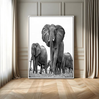 79634-MGV-FC-24X36_White-Elephant Herd Wall Art Canvas Print, Framed African Elephant Art Picture Print, Monochrome Wildlife Perfect Monochrome Safari