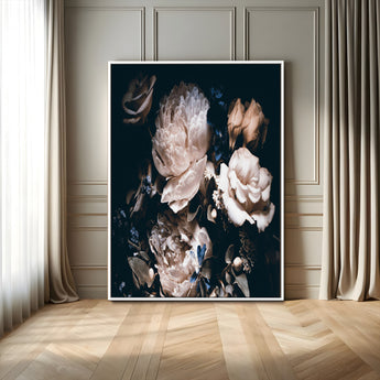 47195-MGV-FC-24X36_White-Moody Peonies Wall Art Canvas Print, Framed Dark Floral Art Picture Print, Creamy Rose Perfect Baroque Floral Decor Artwork