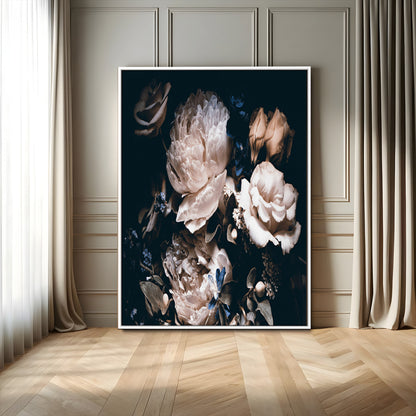 47195-MGV-FC-24X36_White-Moody Peonies Wall Art Canvas Print, Framed Dark Floral Art Picture Print, Creamy Rose Perfect Baroque Floral Decor Artwork