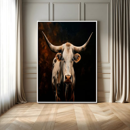 11823-MGV-FC-24X36_White-Texas Longhorn Wall Art Canvas Print, Framed Western Bull Art Picture Print, Rustic Cow Perfect Rustic Western Decor Artwork