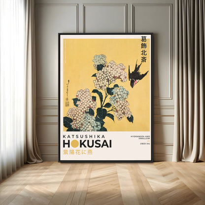 11004-MGV-FC-24X36_Black-Hokusai Hydrangea Wall Art – Japanese Floral Canvas Print with Swallow Bird, Classic Ukiyo-e Nature Decor for Bedroom, Office or