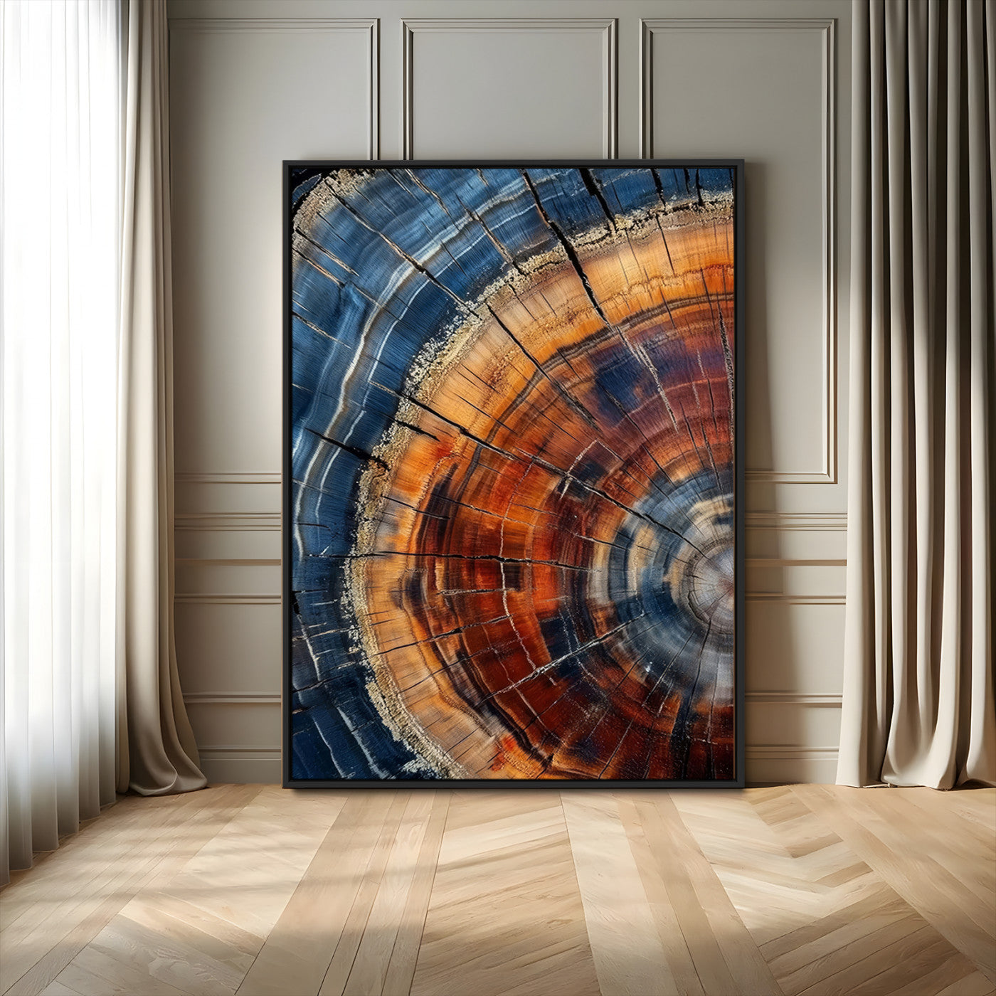 38379387-MGV-FC-24X36-Tree Rings Wall Art Canvas Print, Framed Wood Texture Art Picture Print, Blue Grain Perfect Earthy Modern Decor Artwork