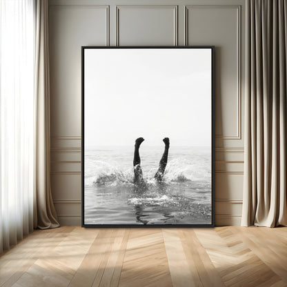 43900465-MGV-CV-24X36-Minimal Ocean Wall Art Canvas Print, Framed Monochrome Diving Art Picture Print, Swimmer in Sea Perfect Minimalist Coastal Decor