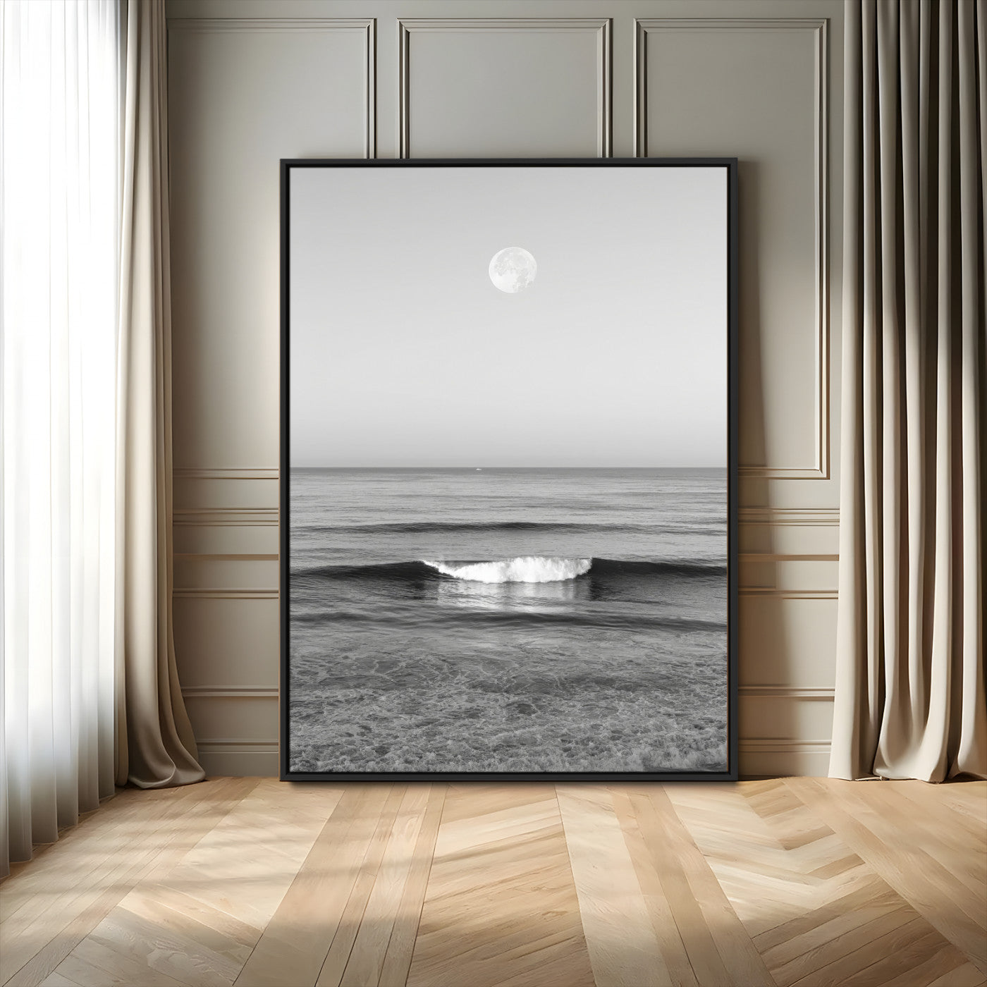 96234442-MGV-CV-24X36-Black White Ocean Scene Wall Art Canvas Print, Framed Full Moon Over Sea Art Picture Print, Tranquil Coastal Canvas Perfect