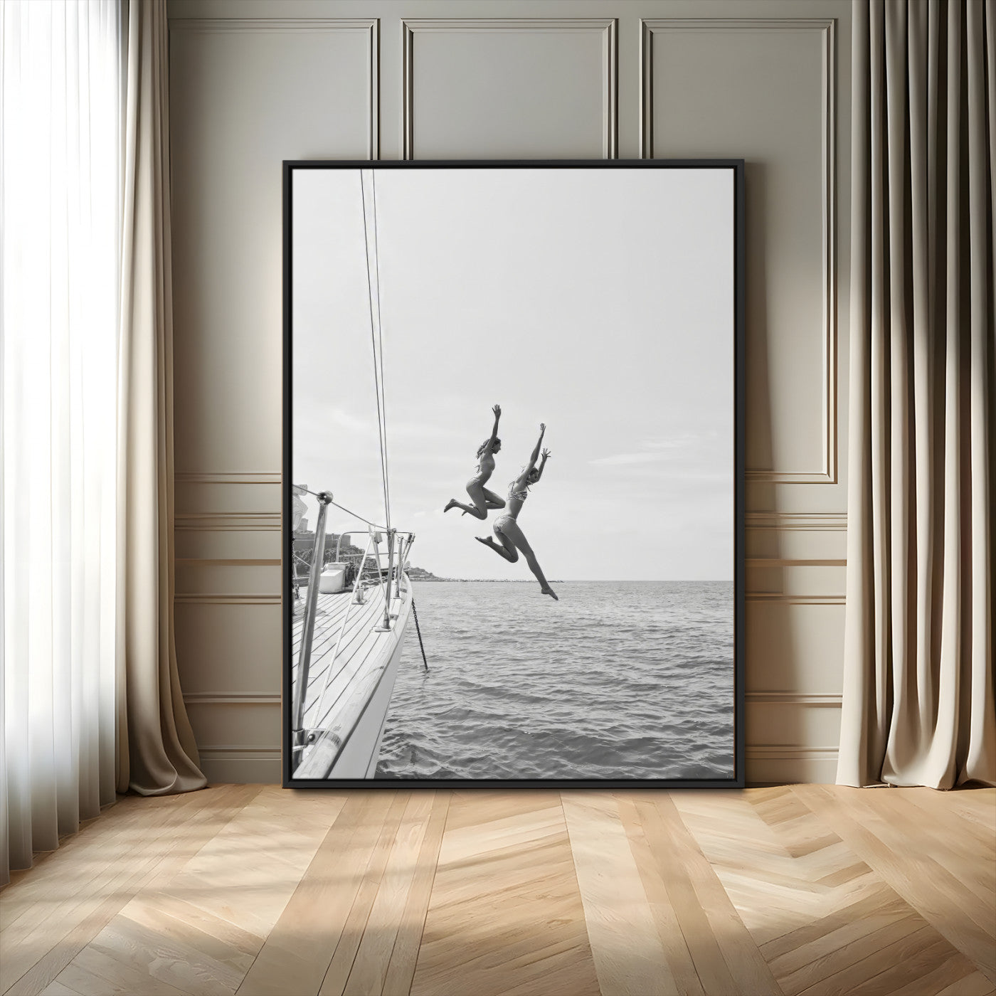 74555508-MGV-CV-24X36-Black White Sailing Wall Art Canvas Print, Framed Ocean Adventure Art Picture Print, Summer Energy Perfect Modern Minimalism Decor