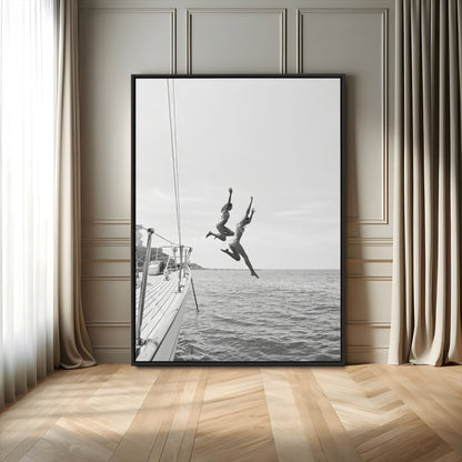 74555508-MGV-CV-24X36-Black White Sailing Wall Art Canvas Print, Framed Ocean Adventure Art Picture Print, Summer Energy Perfect Modern Minimalism Decor