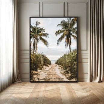 47319550-MGV-FC-24X36_Black-Tropical Beach Wall Art Canvas Print, Framed Rustic Sand Art Picture Print, Palm Tree Perfect Tropical Coastal Decor Artwork