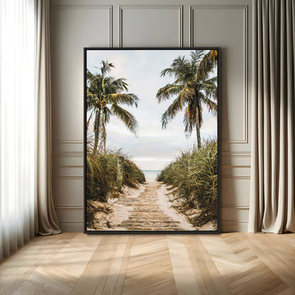 47319550-MGV-FC-24X36_Black-Tropical Beach Wall Art Canvas Print, Framed Rustic Sand Art Picture Print, Palm Tree Perfect Tropical Coastal Decor Artwork