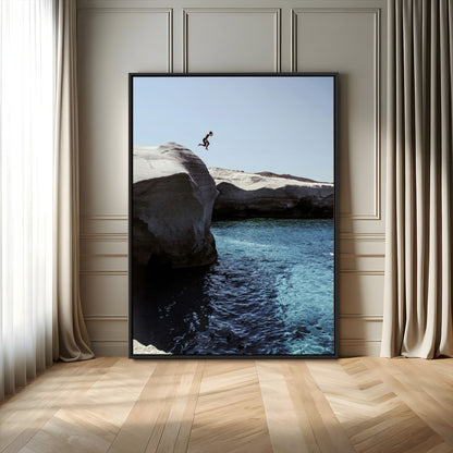 96853328-MGV-FC-24X36_Black-Cliff Diving Wall Art Canvas Print, Framed Turquoise Sea Art Picture Print, Ocean Adventure Perfect Coastal Minimalist Decor