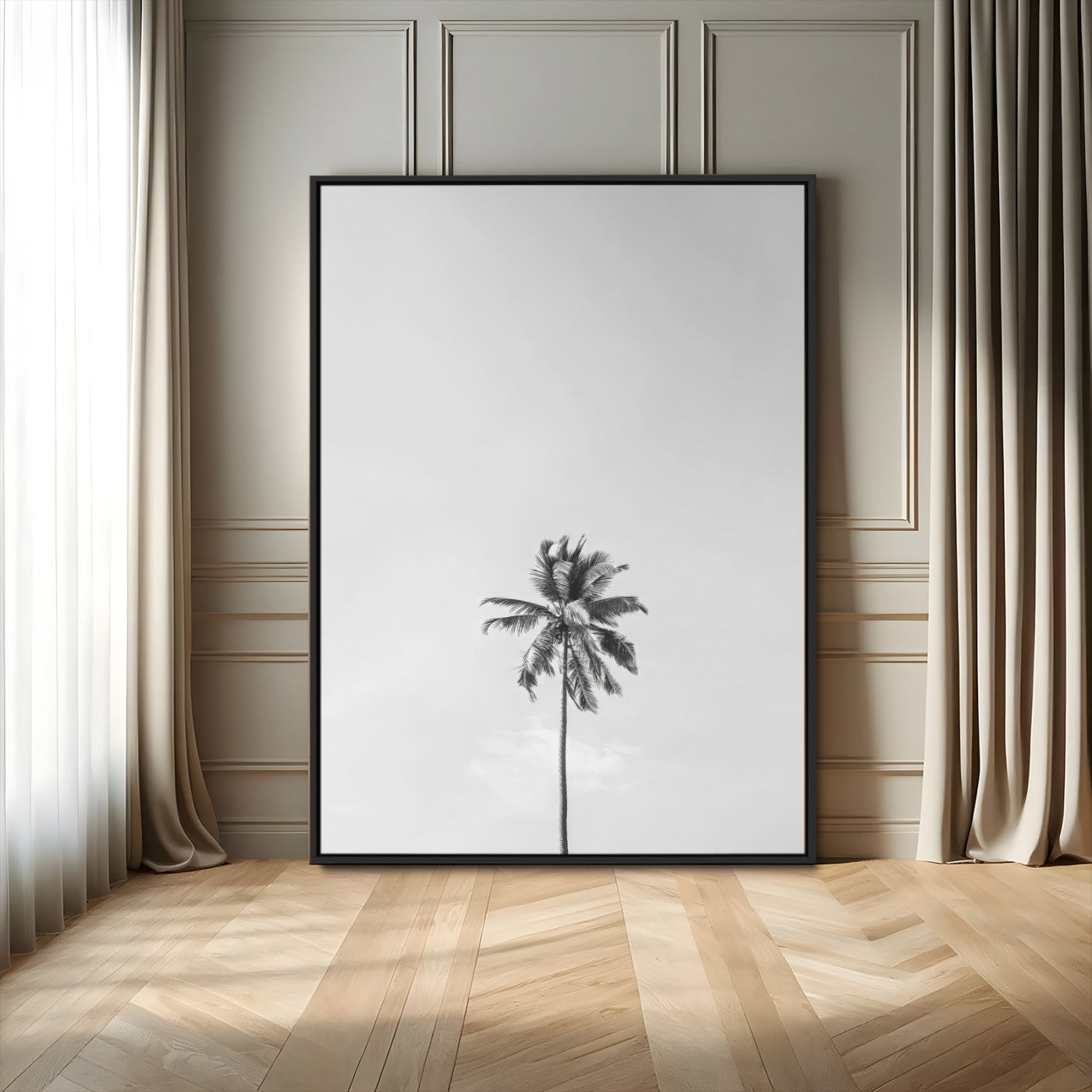 67263674-MGV-CV-24X36-Lone Palm Tree Wall Art Canvas Print, Framed Minimalist Tropical Art Picture Print, Monochrome Beach Perfect Modern Coastal