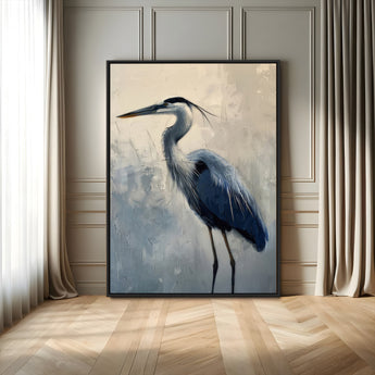 68368019-MGV-FC-24X36_Black-Blue Heron Art Wall Art Canvas Print, Framed Crane Bird Painting Art Picture Print, Elegant Wildlife Scene Perfect Coastal