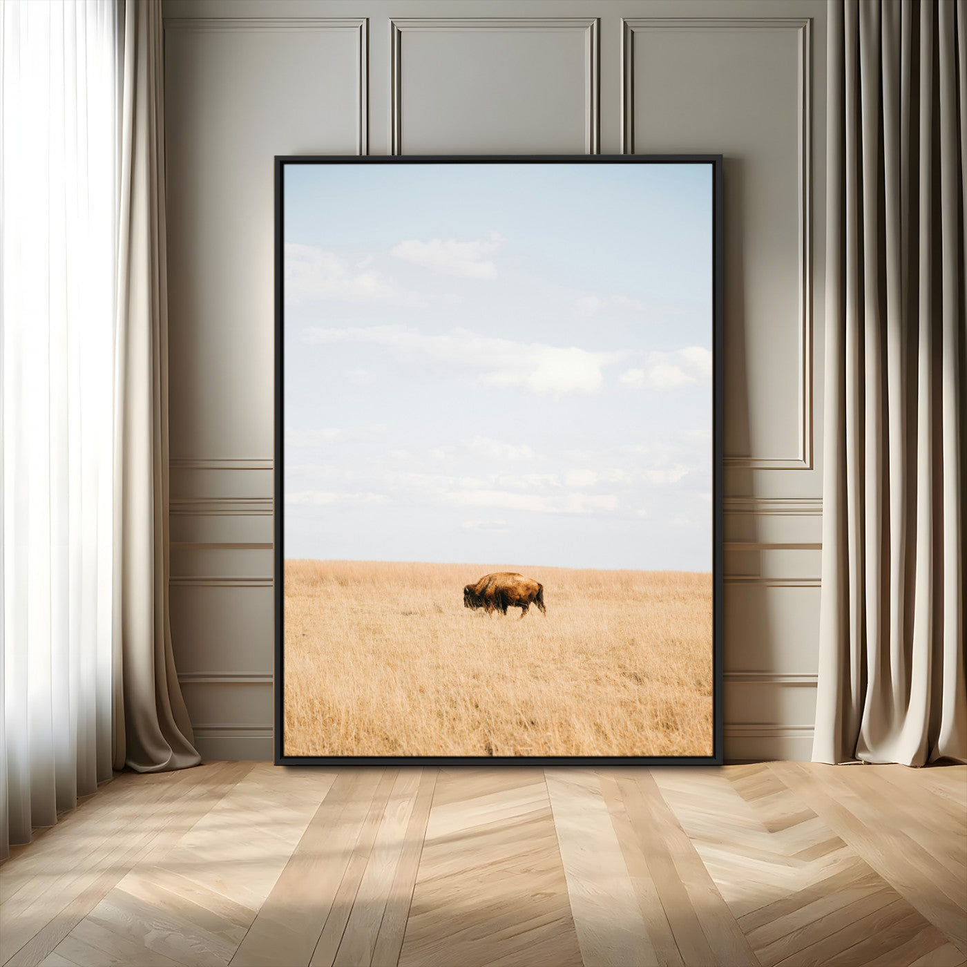 96766166-MGV-FC-24X36_Black-Minimalist Nature Wall Art Canvas Print, Framed Bison In Grassland Art Picture Print, Open Field Perfect Modern Ranch Decor Decor