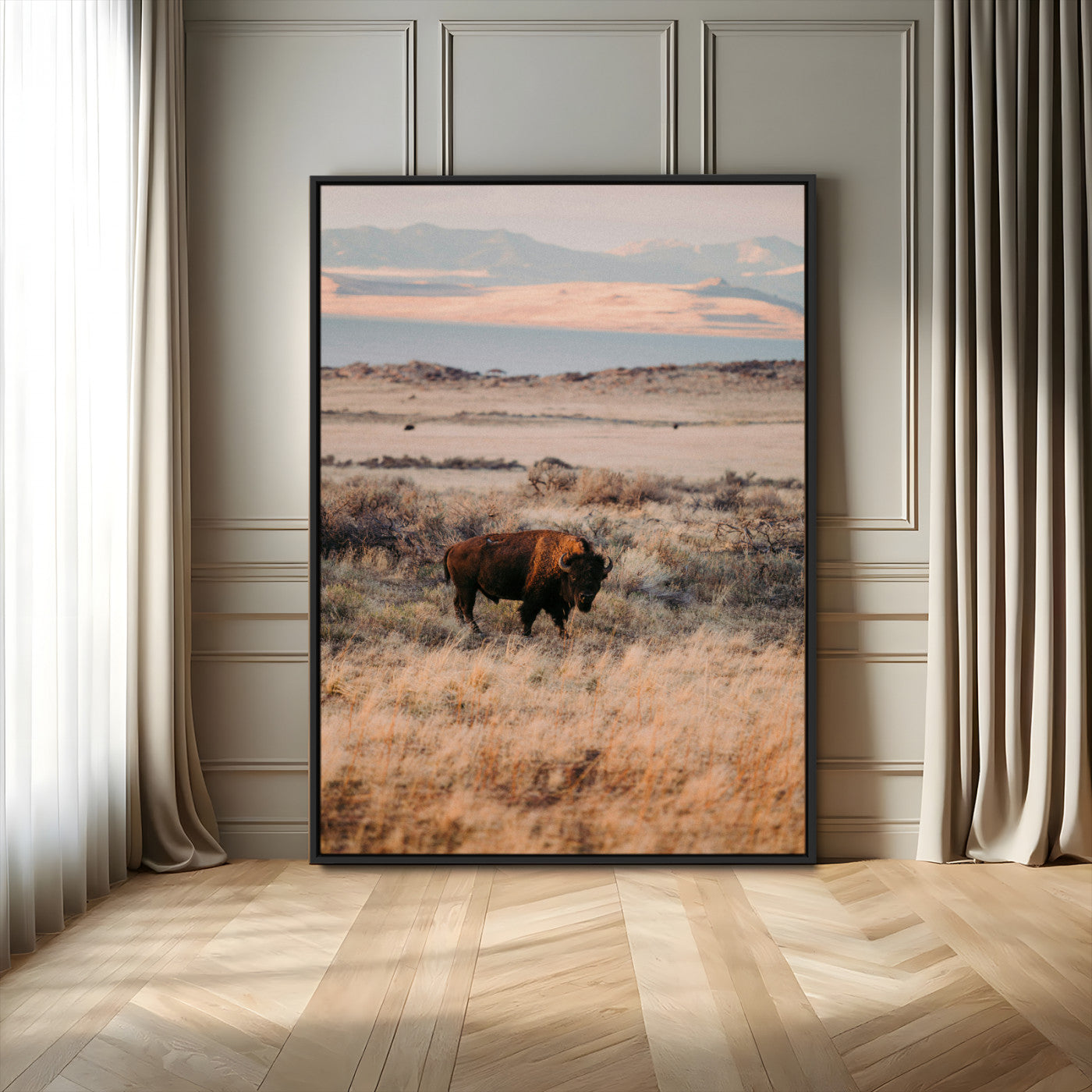 75146693-MGV-FC-24X36_Black-Solitary Buffalo Wall Art Canvas Print, Framed Golden Prairie Art Picture Print, Earthy Tones Perfect Rustic Western Decor Artwork