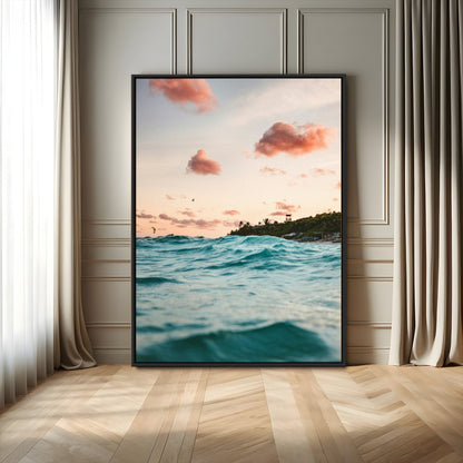 13960366-MGV-FC-24X36_Black-Tropical Seascape Wall Art Canvas Print, Framed Sunset Ocean Art Picture Print, Coastal Aesthetic Perfect Coastal Bohemian Decor