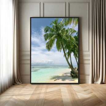 80489589-MGV-FC-24X36_Black-Tropical Beach Palm Trees Canvas Print – Island Coastal Wall Art, Bright Ocean Horizon Photography for Bathroom, Lounge & Vacation