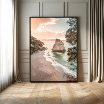 34220311-MGV-FC-24X36_Black-Coastal Rock Wall Art – Sunset Beach Canvas Print with Ocean Waves and Golden Light, Scenic Seaside Photography for Bedroom,
