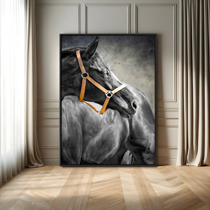 40324916-MGV-FC-24X36_Black-Horse Wall Art – Equestrian Canvas Print, Elegant Black Stallion Portrait with Golden Halter, Rustic Western Photography Decor for