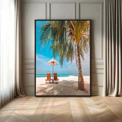 51024-MGV-FC-24X36_Black-Tropical Beach Wall Art Canvas Print, Framed Palm Tree Art Picture Print, Sandy Shoreline Perfect Minimalist Coastal Decor Artwork