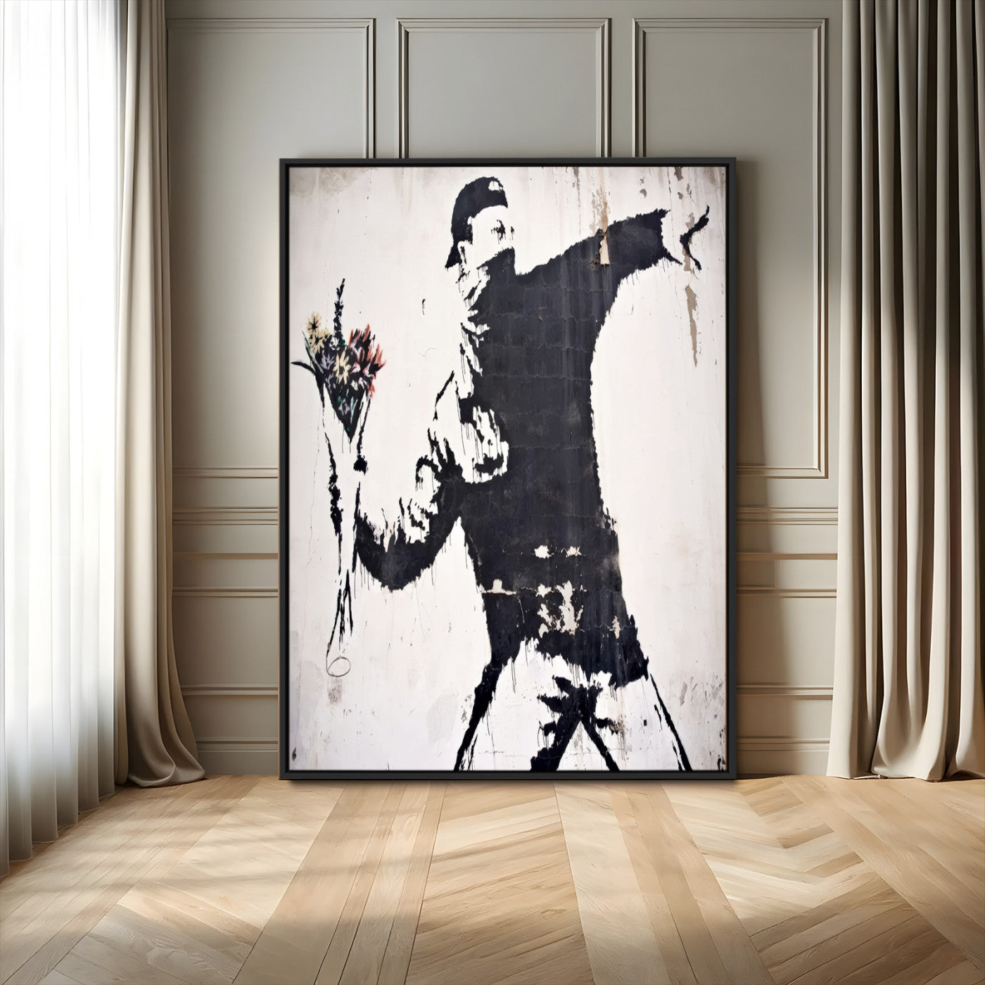 64032-MGV-FC-24X36_Black-Flower Thrower Wall Art Canvas Print, Framed Urban Protest Art Picture Print, Graffiti Style Perfect Urban Contemporary Decor
