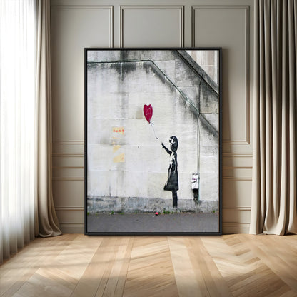 35033-MGV-FC-24X36_Black-Balloon Girl Wall Art Canvas Print, Framed Street Banksy Art Picture Print, Urban Contrast Perfect Minimal Urban Decor Artwork